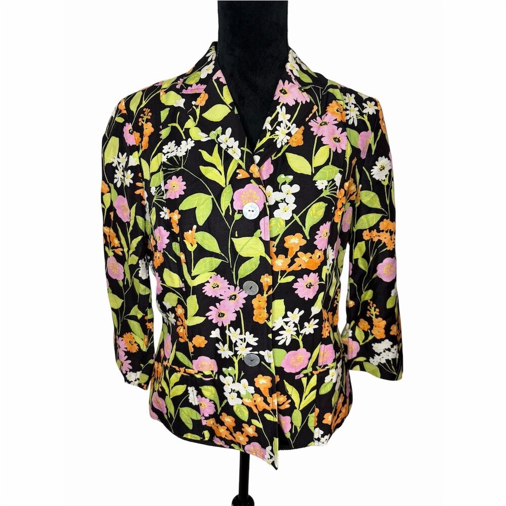 Sigrid Olsen Blazer Jacket Womens Size 8 Floral Multicolor 3/4 Sleeve